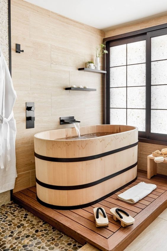 une salle de bain avec un style japonais moderne et zen