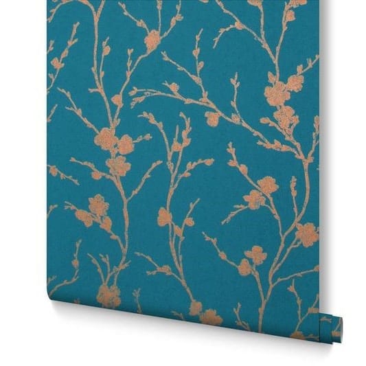 Papier peint branche de cerisier turquoise 