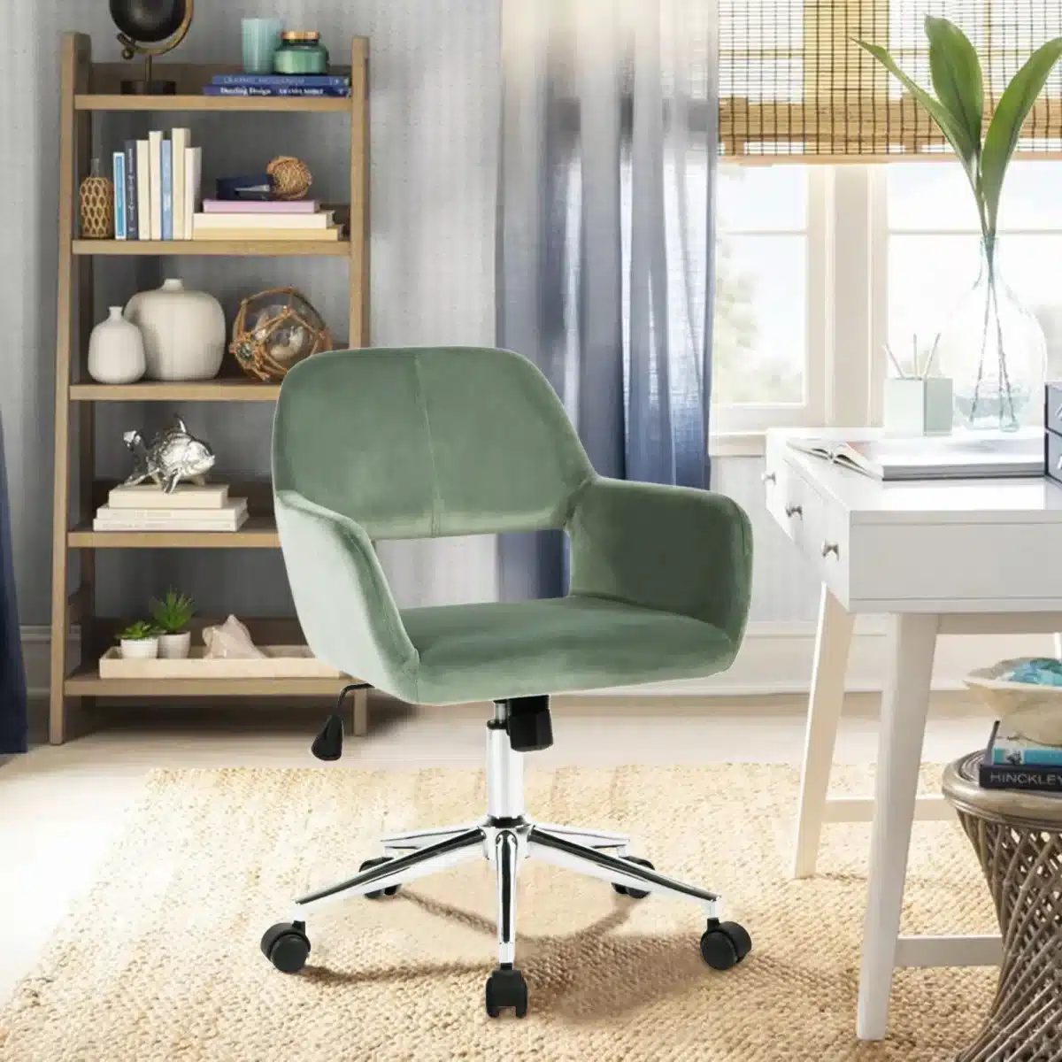 chaise de bureau en velours vert avec roulettes