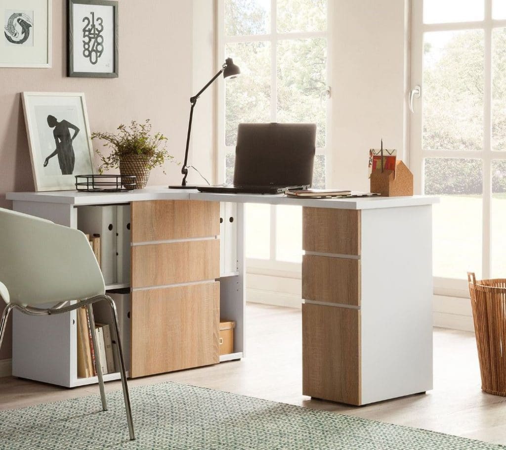 Bureau d'angle 139x142 cm effet chêne, piétement noir - Tosca