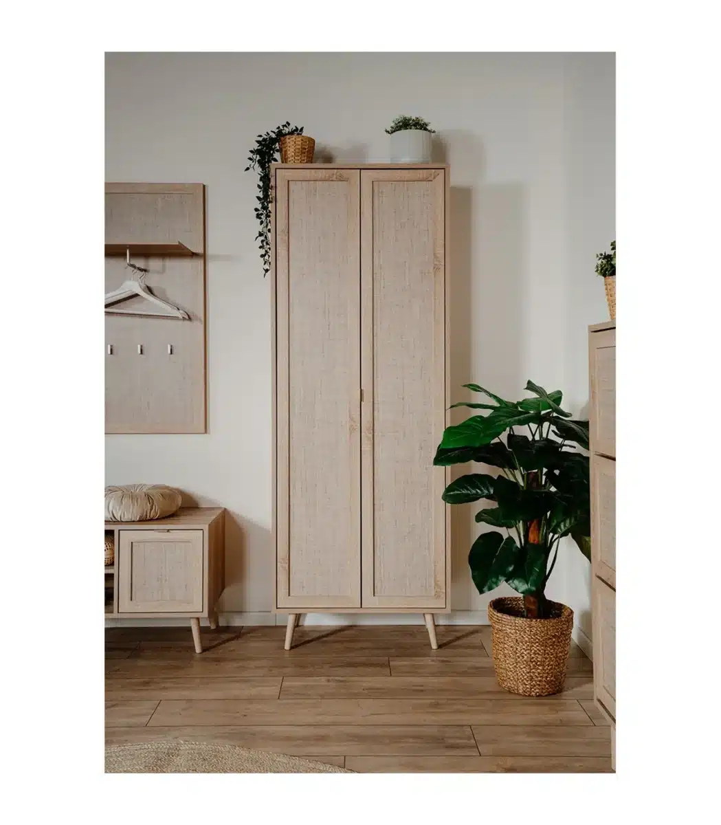 Une armoire à chaussure d'entree avec du cannage