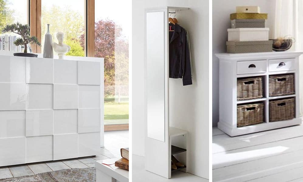 Armoire rangement entrée bois et verre blanc avec miroir - Cbc-Meubles