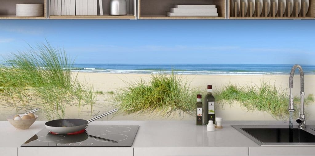 Crédence De Cuisine En Verre 125x50 Cm - Motif Bambou, Tiges, Fleurs, Pierres