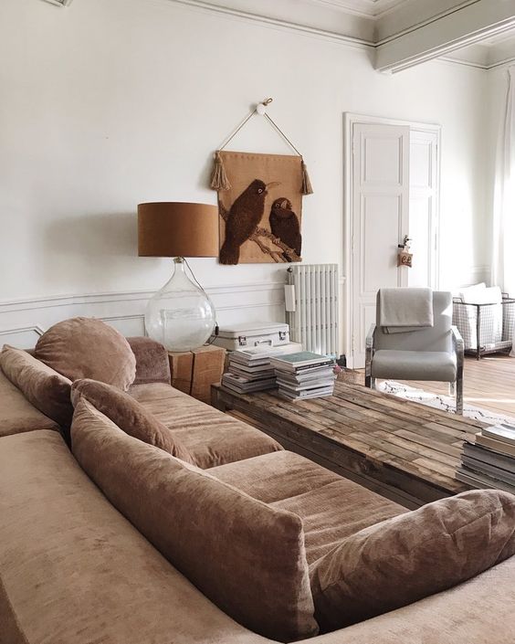 un salon moderne avec canapé en velours brun inspiré de la déco rustique chic