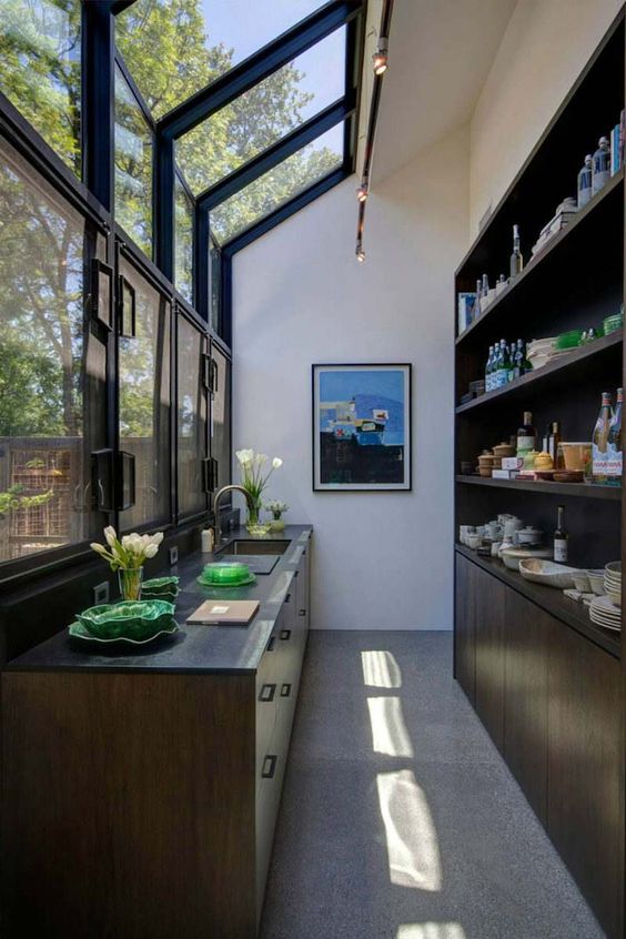 une cuisine couloir moderne avec toit vitré