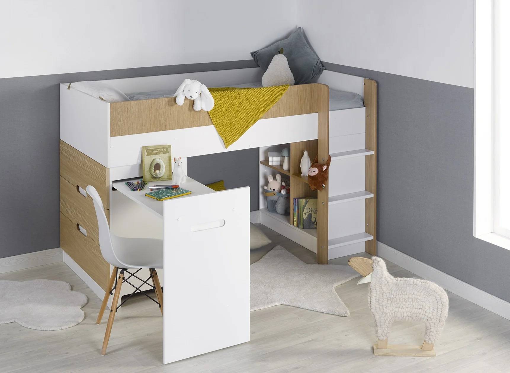 lit mi hauteur avec bureau et commode Manly blanc et bois