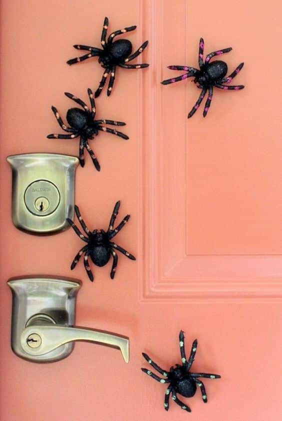 une porte décorée avec des araignee pour halloween