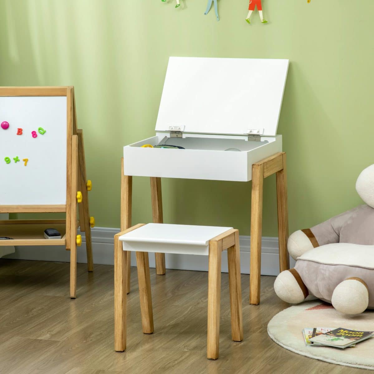 Bureau enfant façon écolier avec tabouret encastrable et rangement