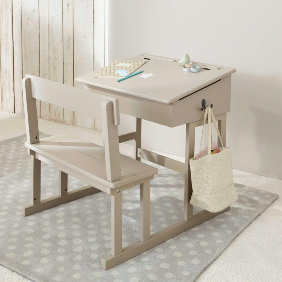 bureau écolier enfant taupe avec rangement crochet et motif étoile 