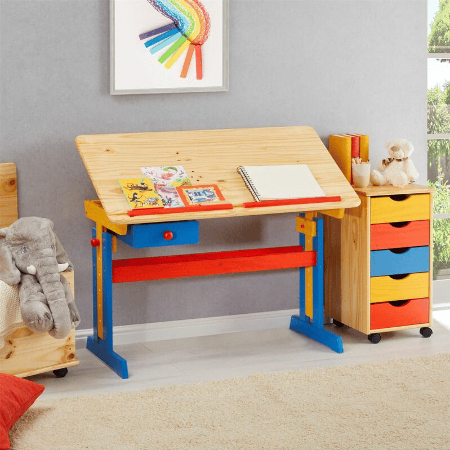 bureau d'écolier enfant multicolore avec plateau pivotant