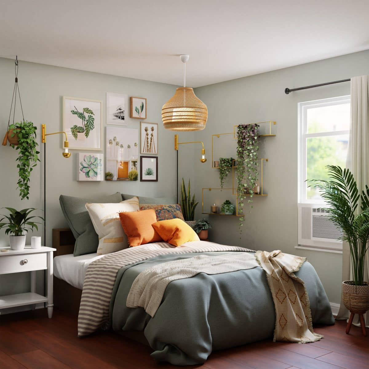 Une chambre nordique avec des plantes et un parquet fonce 