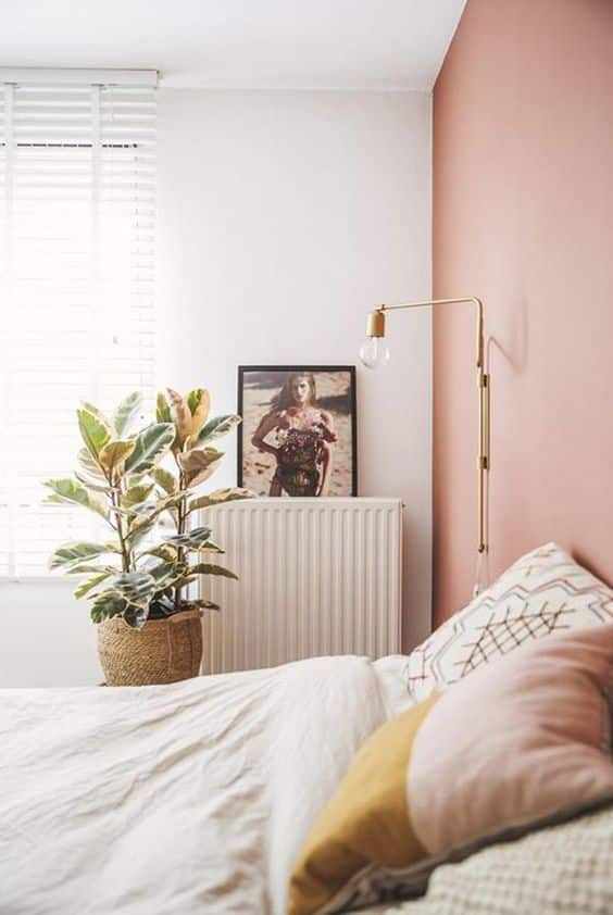 une chambre rose avec plante et coussins
