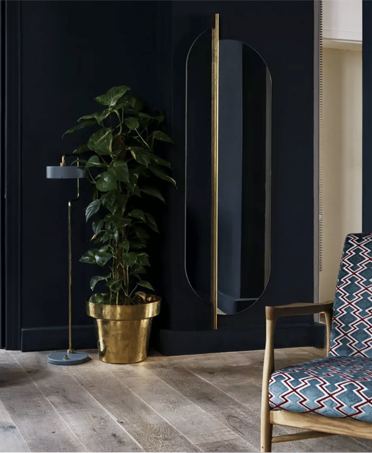 Un salon sombre et chic avec plante et grand miroir asymétrique