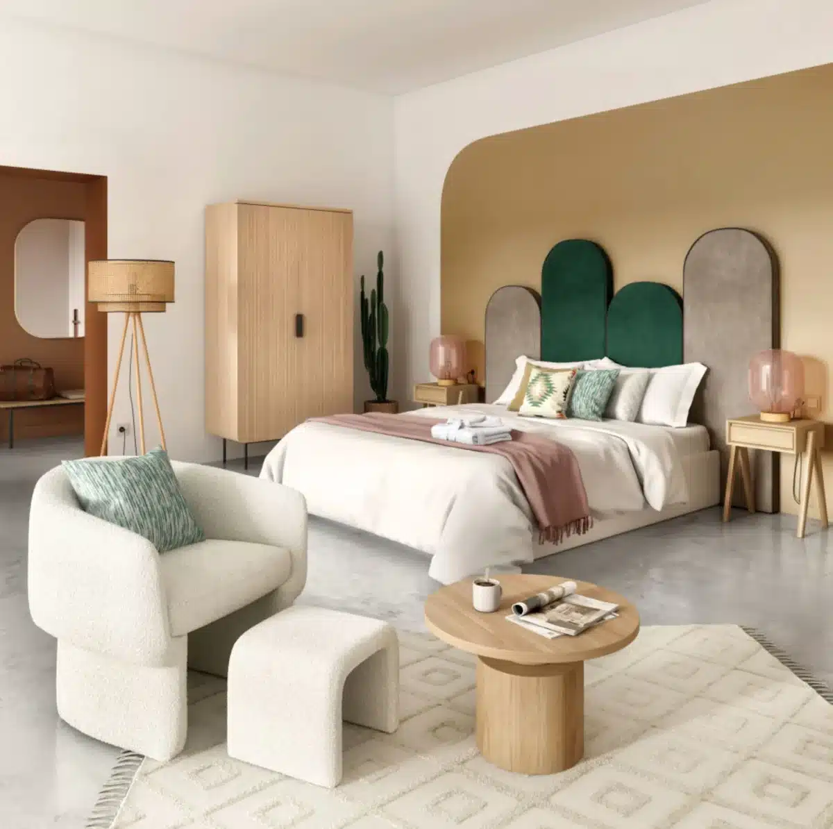 Une chambre colorée et apaisante avec une tete de lit design