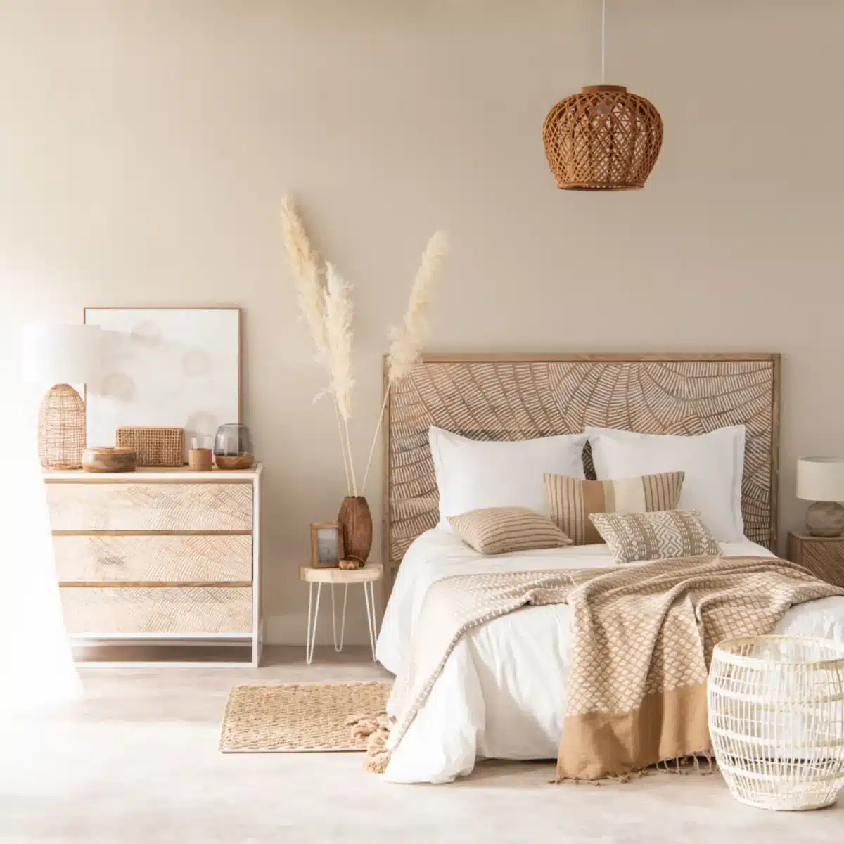 Une chambre paisible avec deco bois et blanc sans oubleir la tete de lit en bois sculpté