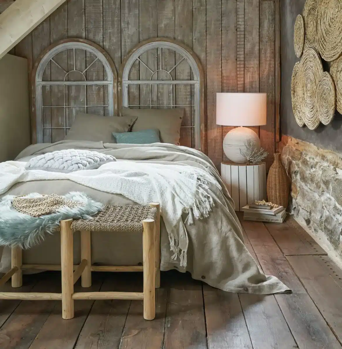 Une tete de lit design au look rustique en fenetre recuperee