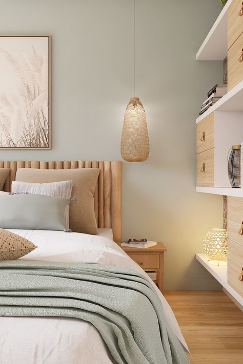 Une chambre à la décoration douce avec une tete de lit en bois brut