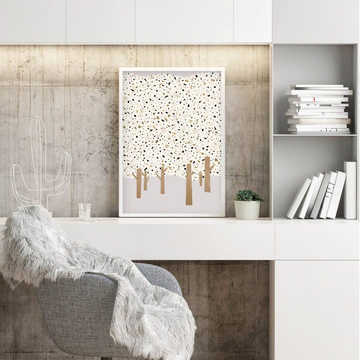 Un bureau scandinave design avec une affiche terrazzo