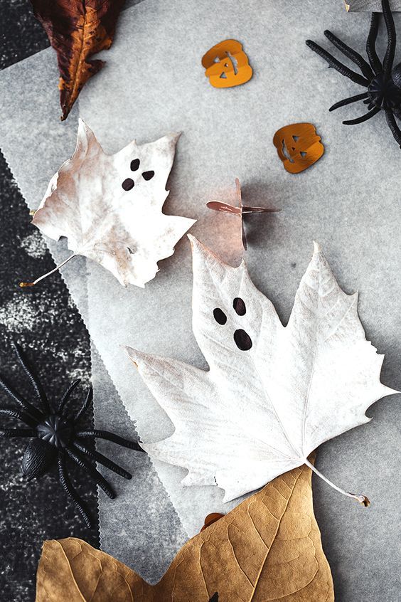 diy halloween fantome peint sur feuille sechees