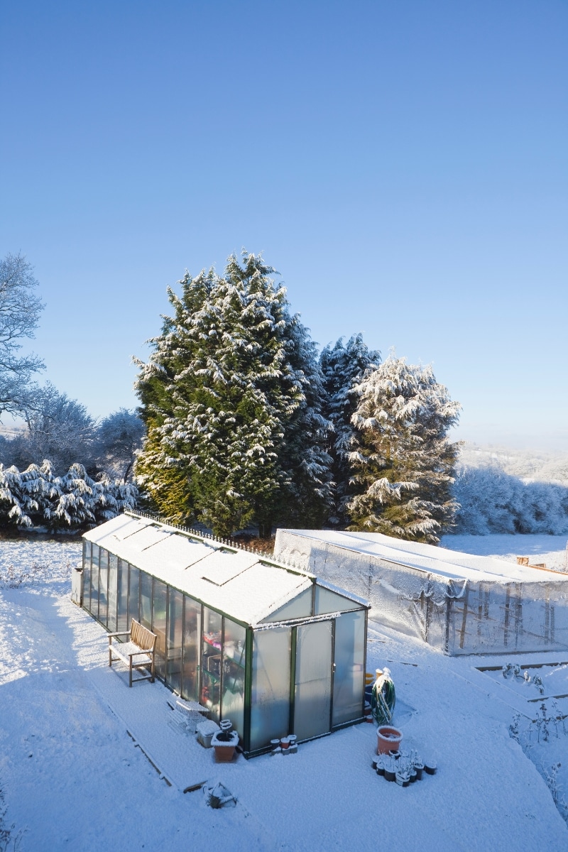 Une serre durant un hiver enneigé