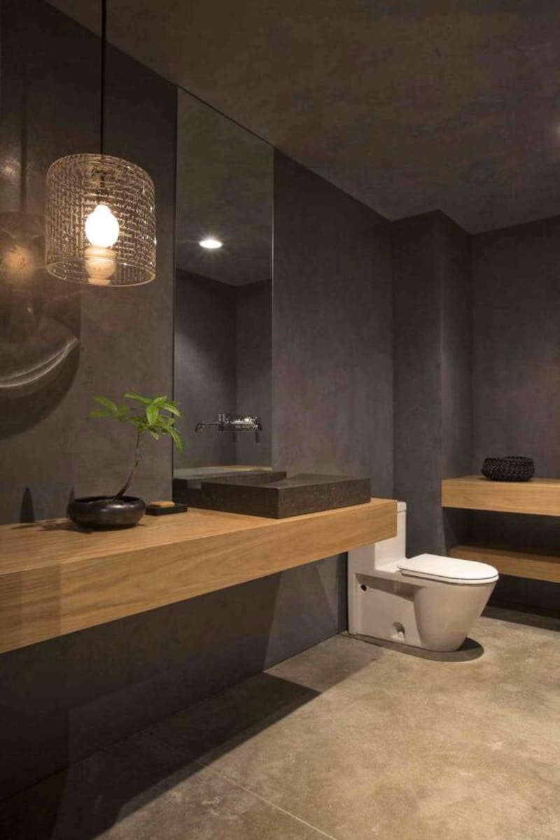 Salle de bain en gris anthracite et bois clair