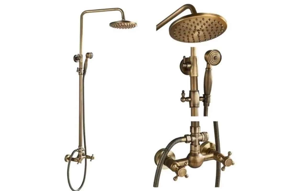 Cdiscount Colonne de Douche Retro - JULLYBATHEVY - Mitigeur Robinet - Pomme de Douche 20x20cm - Douchette - Laiton Antique