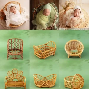 Lit bébé vintage en rotin, fait main, banc en bois et bambou