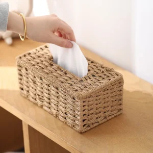 Boîte à mouchoirs tressée, imitation rotin, boîte de rangement pour mouchoirs en fibres végétales