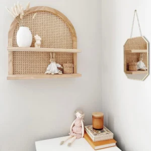 Étagère murale artisanale en bois et rotin, support de rangement en forme d'éventail