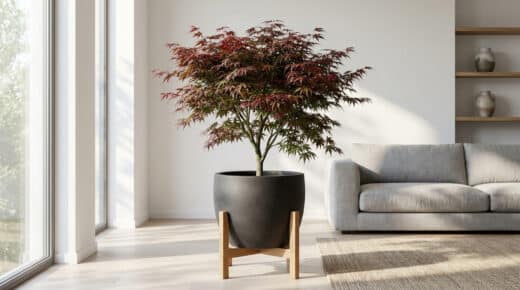 Un érable du Japon aux feuilles pourpres placé dans un pot gris sur un support en bois, au centre d'un salon lumineux.