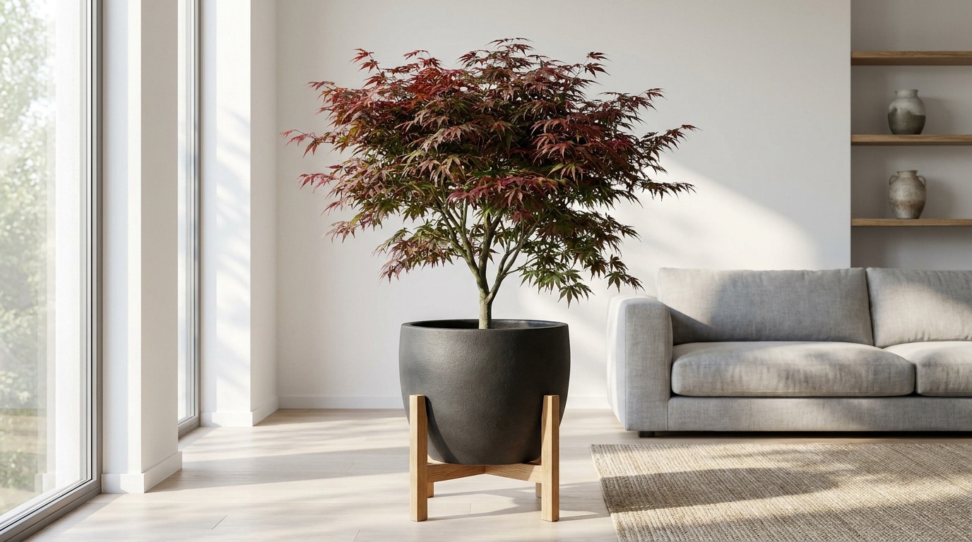 Un érable du Japon aux feuilles pourpres placé dans un pot gris sur un support en bois, au centre d'un salon lumineux.