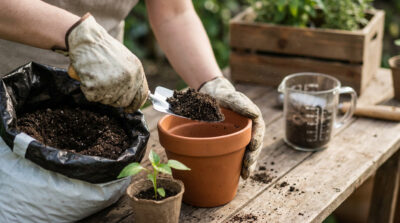 Mains gantées remplissant un pot en terre cuite avec du terreau à l'aide d'une petite pelle de jardinage.