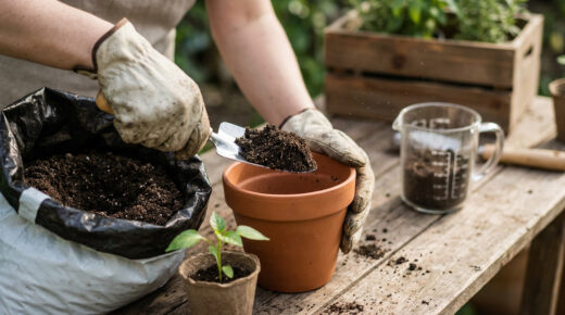 Mains gantées remplissant un pot en terre cuite avec du terreau à l'aide d'une petite pelle de jardinage.