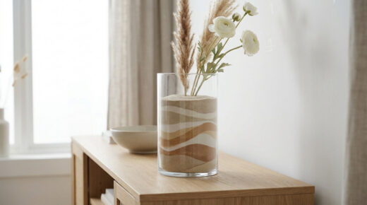 Vase en verre cylindrique rempli de couches de sable coloré, agrémenté de fleurs blanches et d'herbes de pampa séchées.