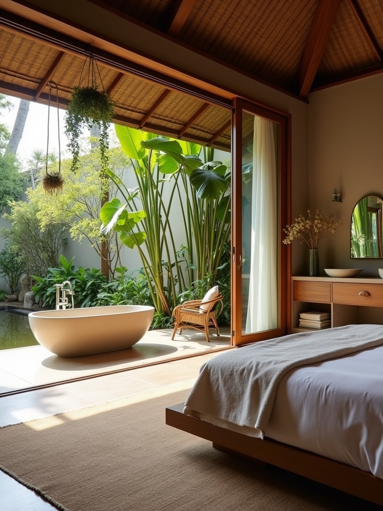 Chambre parentale avec baignoire ouverte sur le jardin