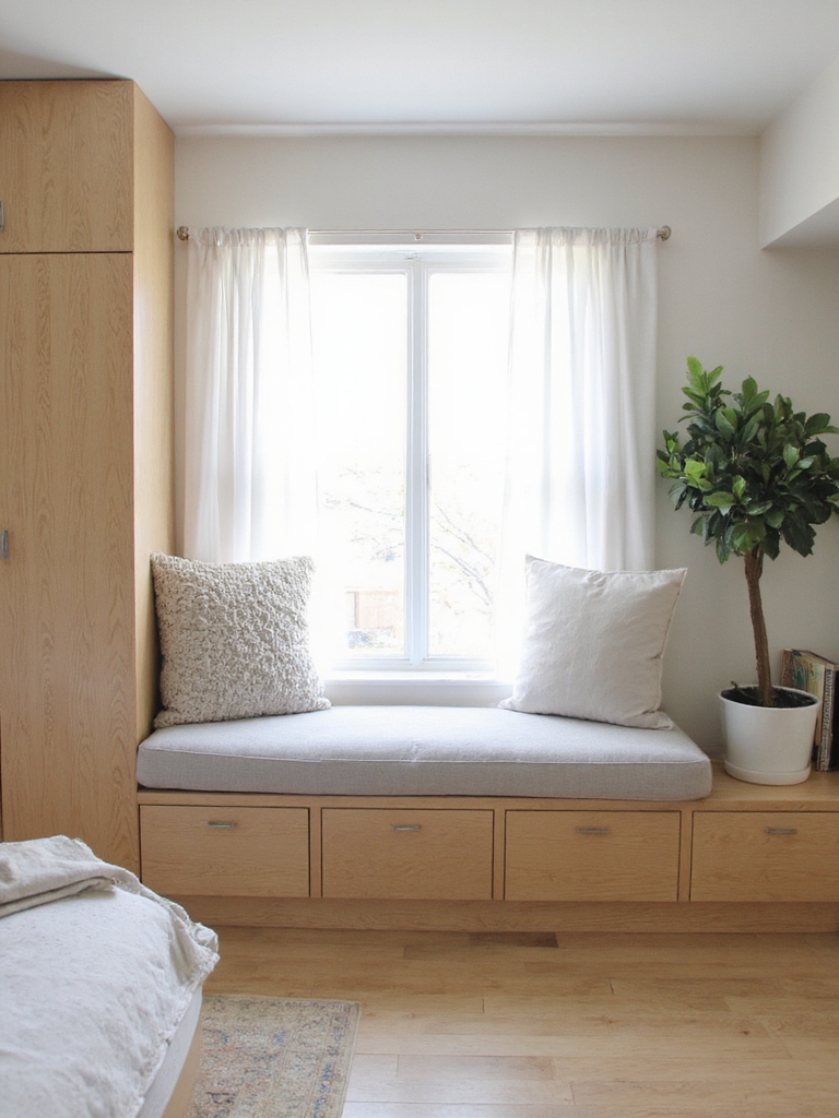 Banquette sous la fenêtre avec coussins dans une chambre parentale