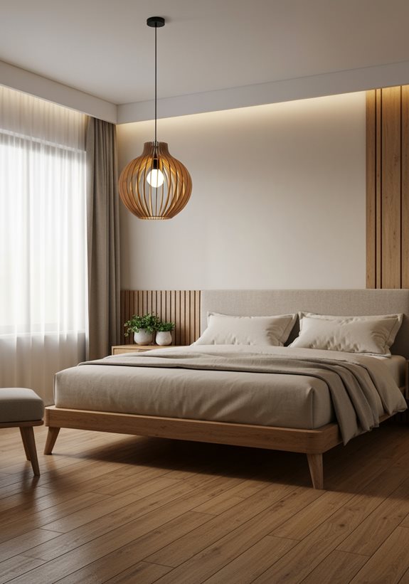 Chambre parentale beige et bois avec suspension en rotin