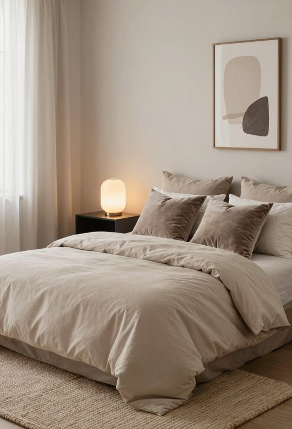 Chambre parentale beige cocooning avec lampe de chevet