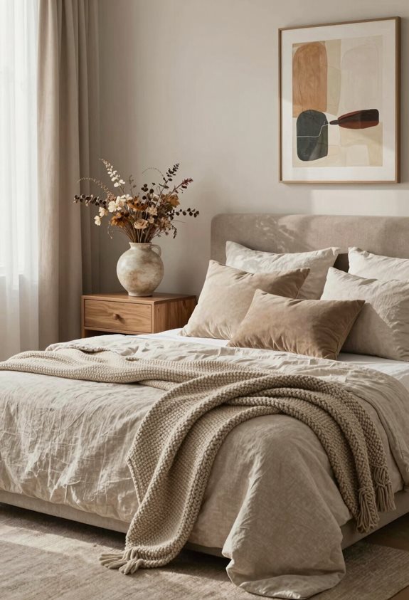 Chambre parentale beige avec plaid en maille et bouquet sec