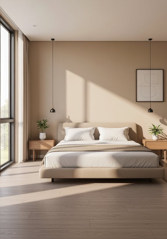 Chambre parentale beige avec suspensions de chevet