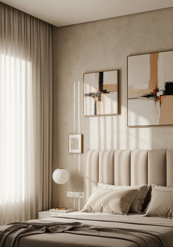 Chambre parentale beige avec tête de lit capitonnée et tableau abstrait