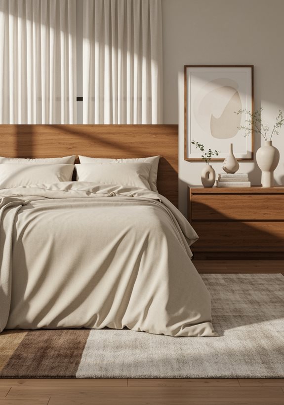 Chambre parentale beige avec tête de lit en tasseaux de bois