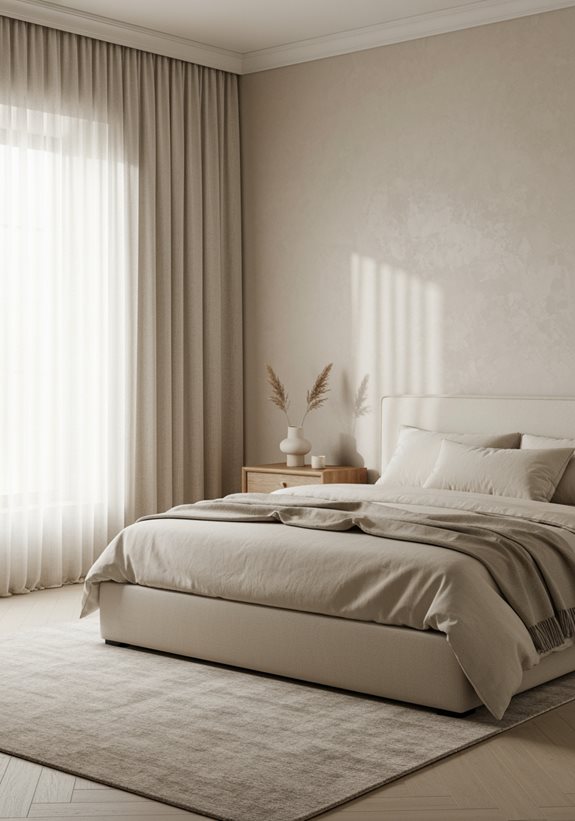 Chambre parentale beige avec voilages et tête de lit tissu