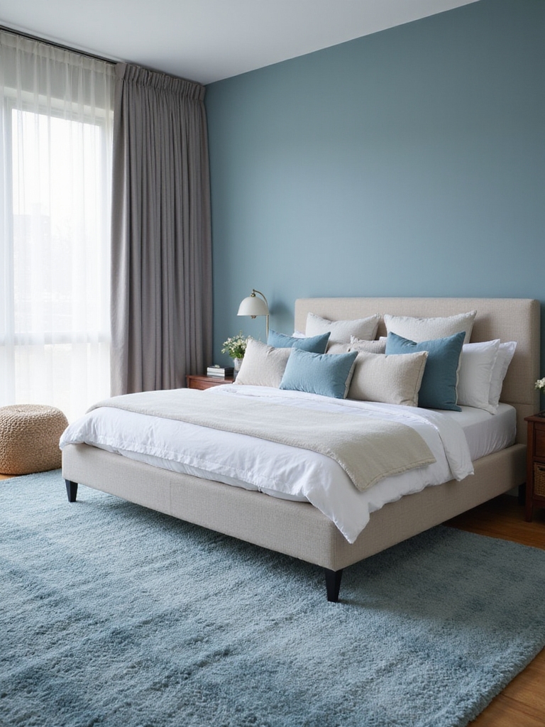 Chambre parentale bleu gris avec tapis bleu