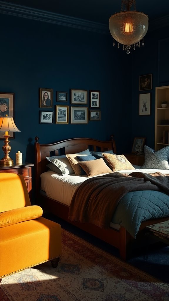 Chambre parentale bleu nuit avec galerie de cadres et fauteuil jaune