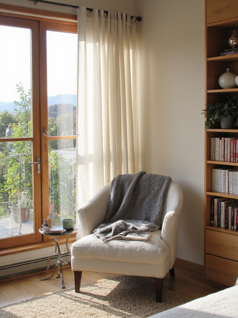 Coin lecture avec fauteuil et plaid dans une chambre parentale