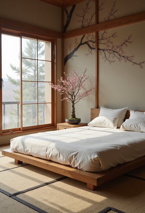 Chambre parentale japandi avec lit bas et branches de cerisier