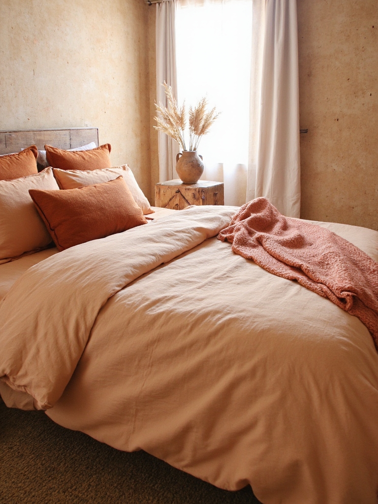 Linge de lit en lin pêche dans une chambre parentale cocooning