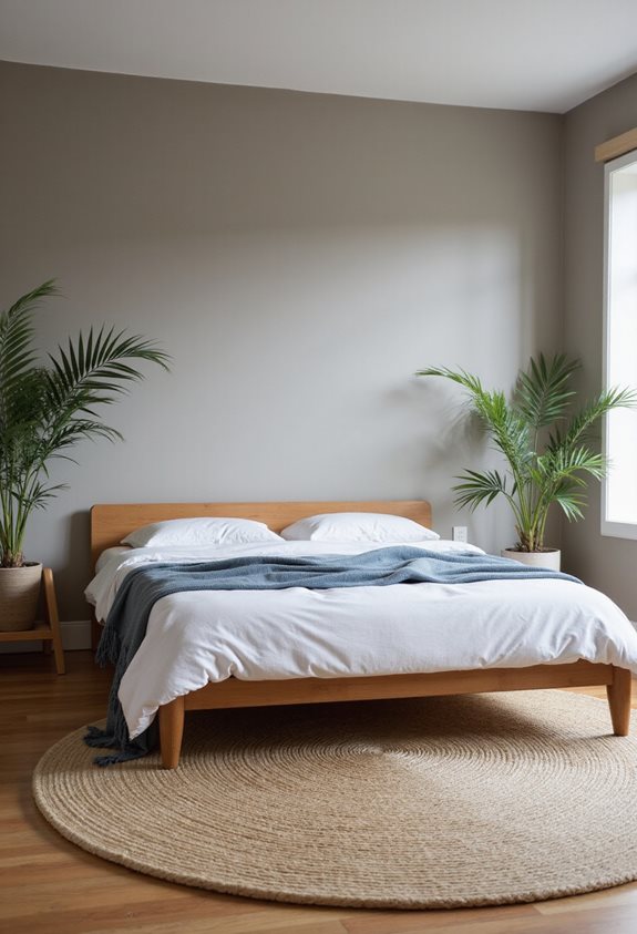 Chambre parentale avec lit en bois et plantes vertes