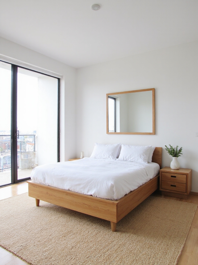 Chambre parentale moderne lumineuse avec lit en bois clair